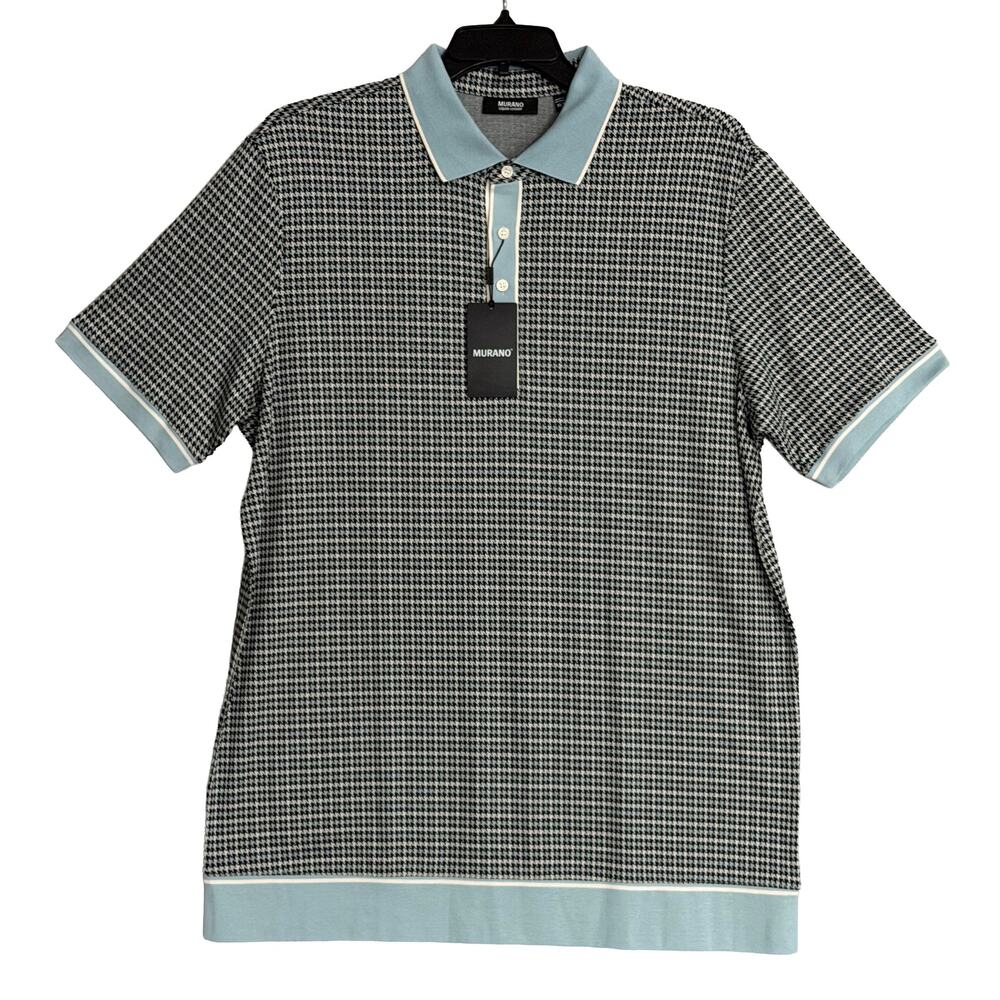 Murano Polo Shirt Men's 3XT Big & Tall Short Sleeve Blue Black Houndstooth NEW